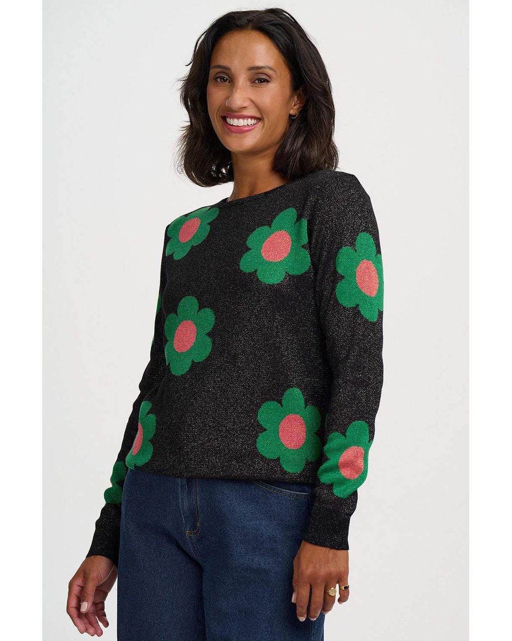 Sweater Making Machine Sugarhill Rowena Sparkly Sweater Flowers in Green | Lyst