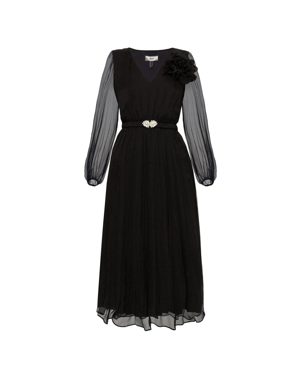 Nissa Black Floral-Applique Silk Midi Dress