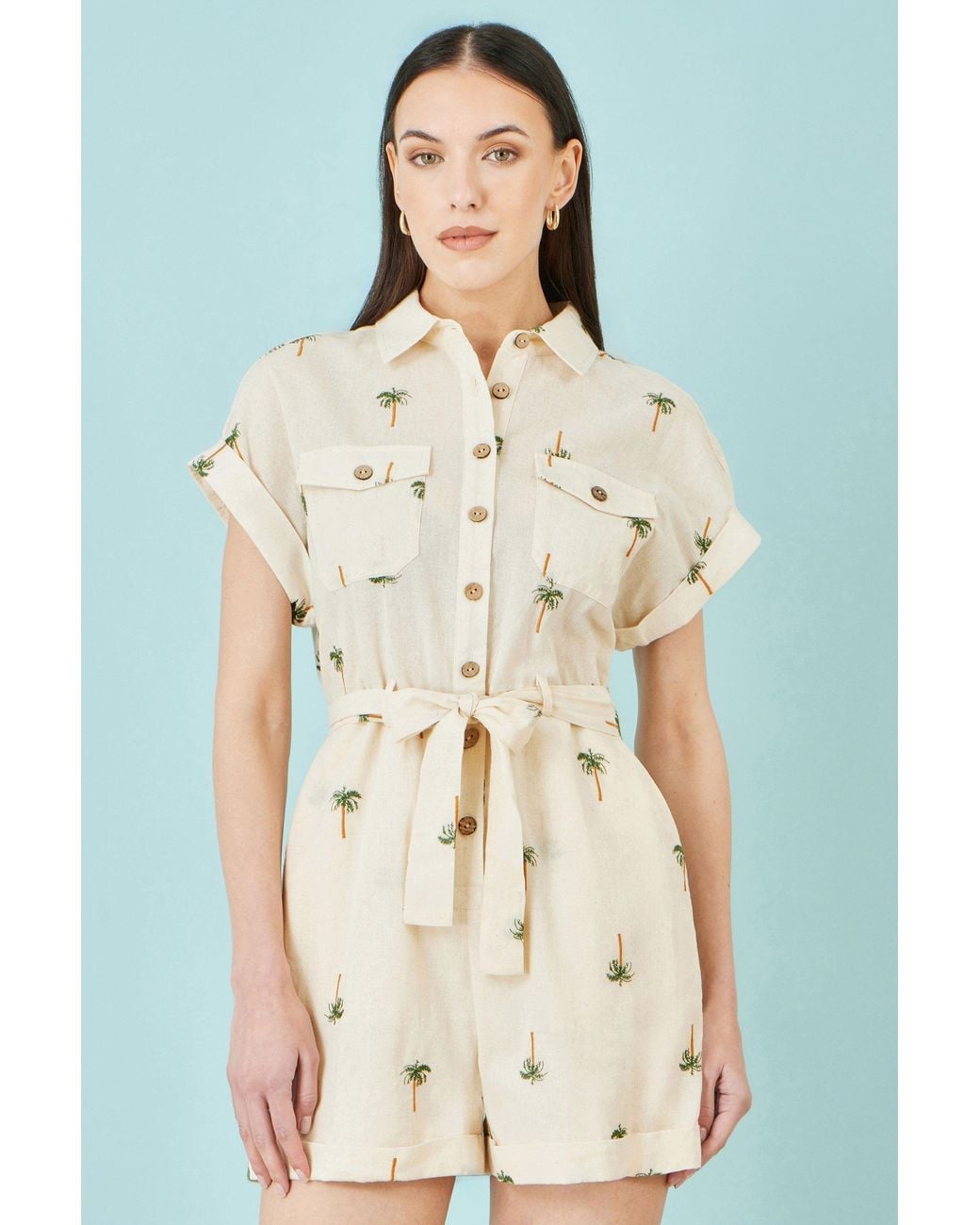Yumi' Natural Embroidered Palm Print Cotton Playsuit