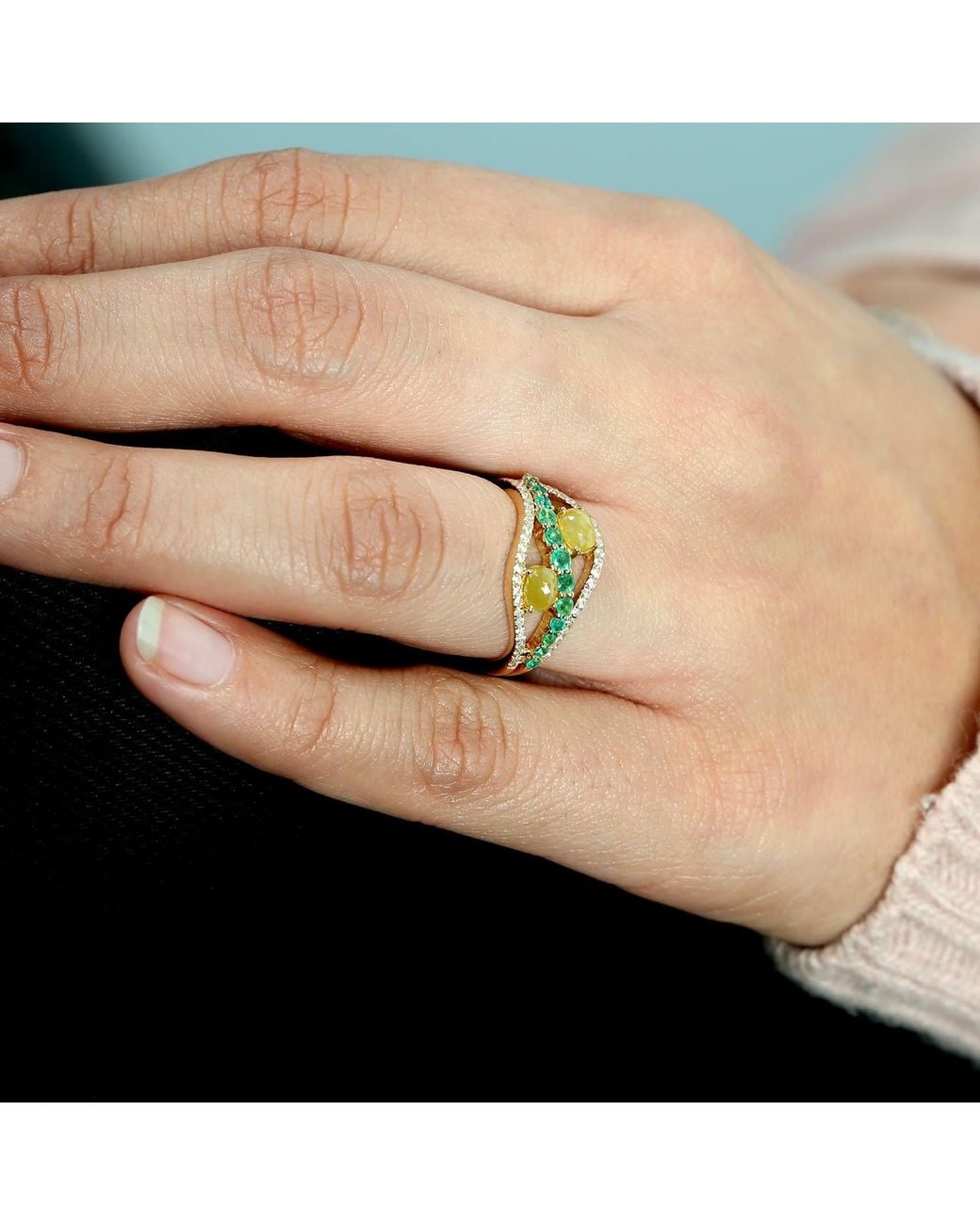 Artisan Metallic Ice Diamond, Emerald & Diamond Band Ring