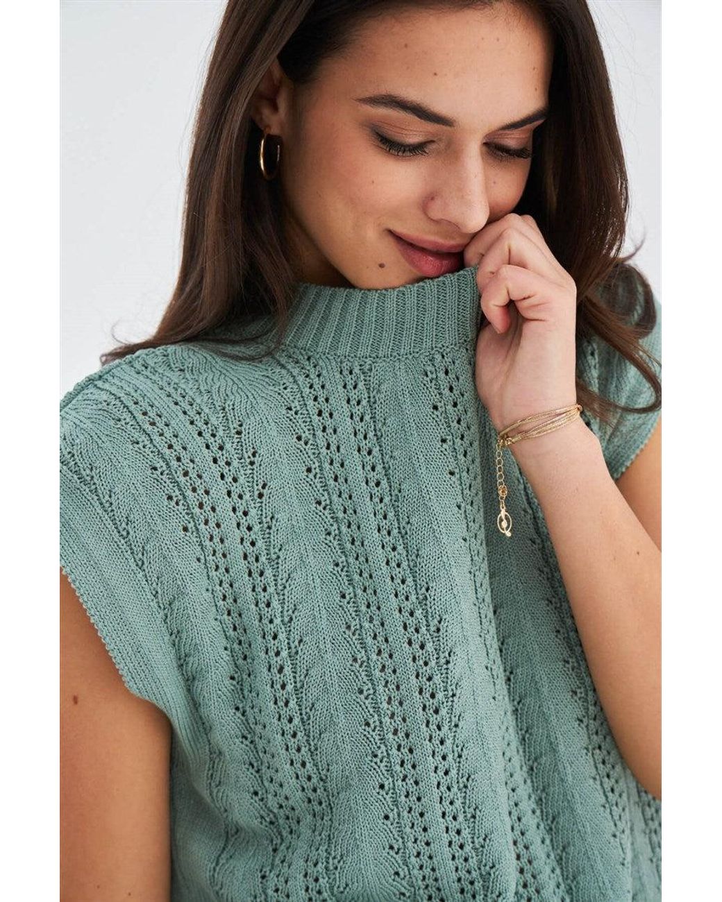 Peraluna Green Sima O-Neck Openwork Knit Blouse