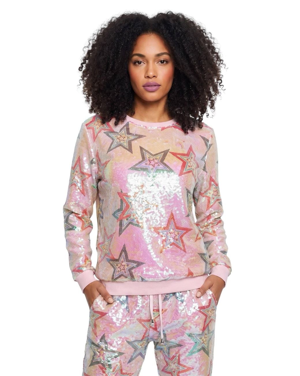 Any Old Iron Pink Iridescent Star Sequin Sweatshirt
