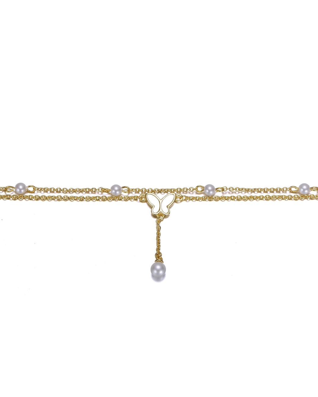 Genevive Jewelry Metallic Sterling Plated With Double Layer Pearl & Butterfly Anklet