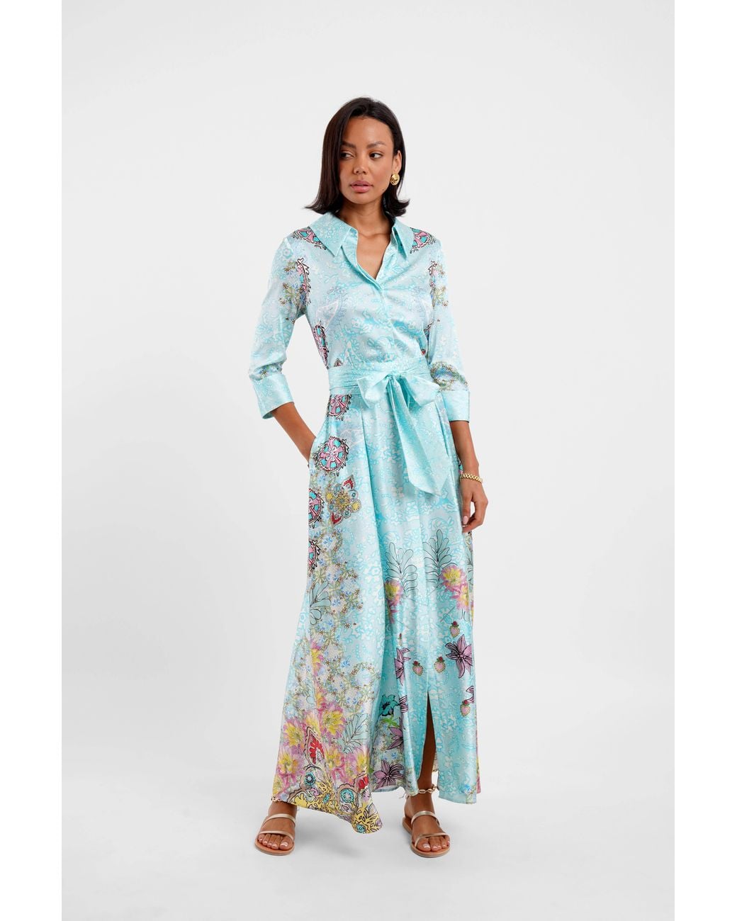 Jessica Russell Flint Blue Belted Maxi Shirt Dress Floral Medley