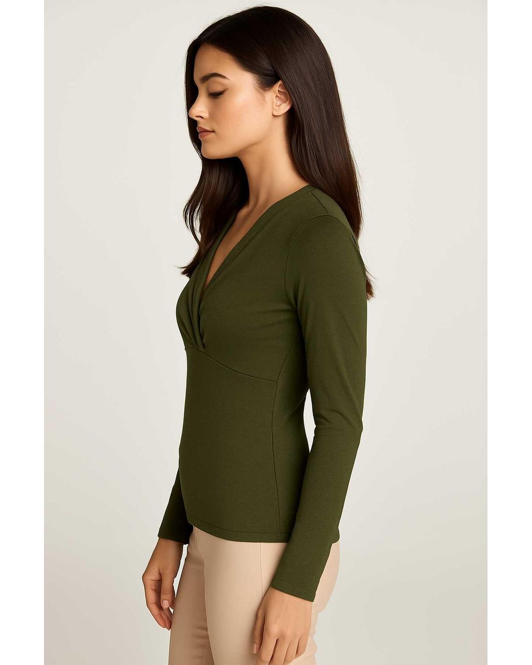 Conquista Green Dark Khaki Long Sleeve Faux Wrap Top
