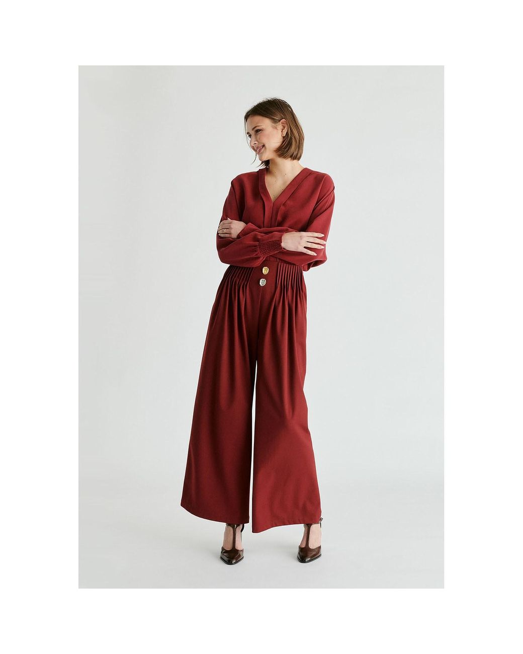 Paisie Red Wide Leg Trousers With Pleated Waist Detail