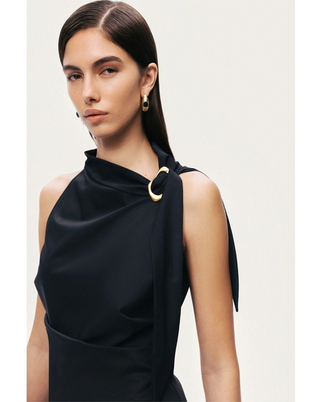 Nocturne Black Asymmetric Buckle-Detail Blouse