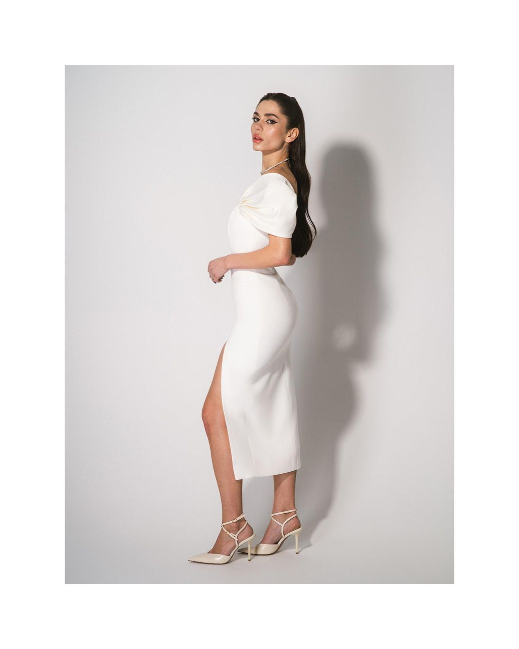 Tia Dorraine White Mirage Crystal Ornament Midi Dress, Pearl