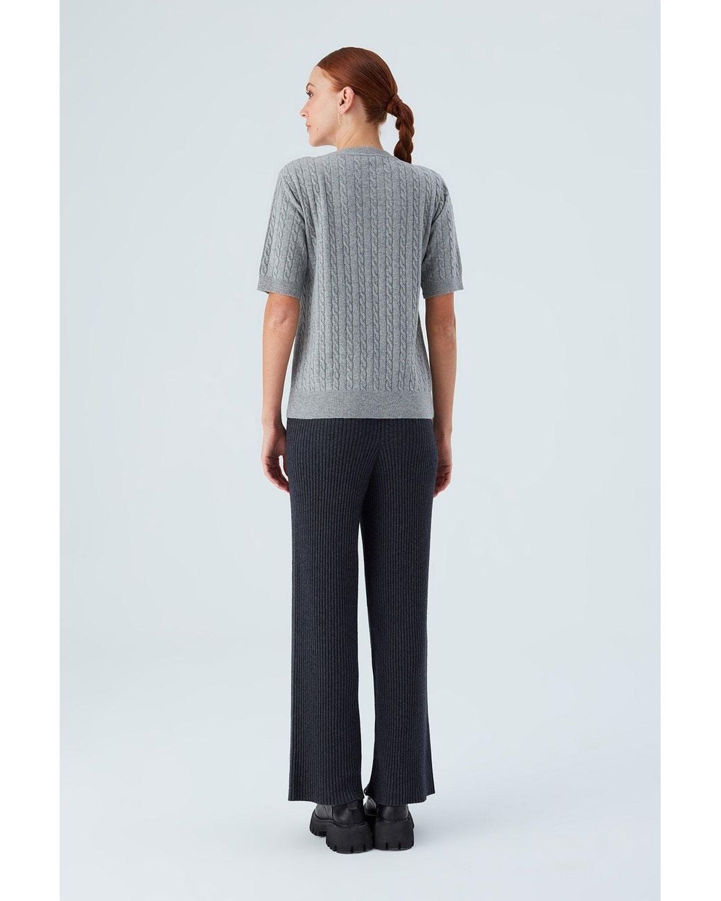 Peraluna Gray Nicole Cable Knit Cashmere Blend Short Sleeve Blouse