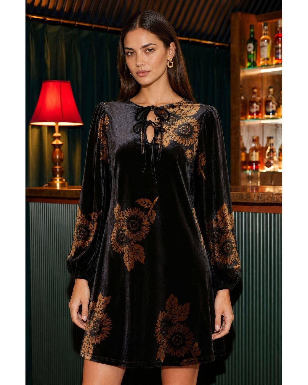 Yumi' Black Velvet Sunflower Print Tunic