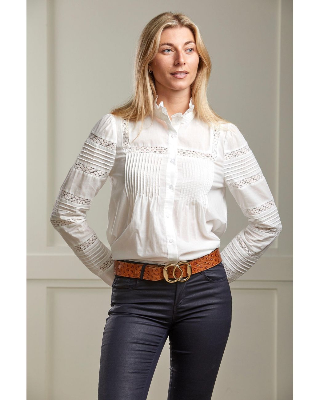 Guinea London Natural Cotton Pintuck & Lace Blouse