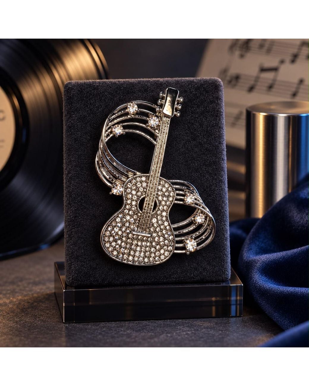By Ozge Metallic Soulful Melody Crystal Guitar Plated Brass Statement Brooch