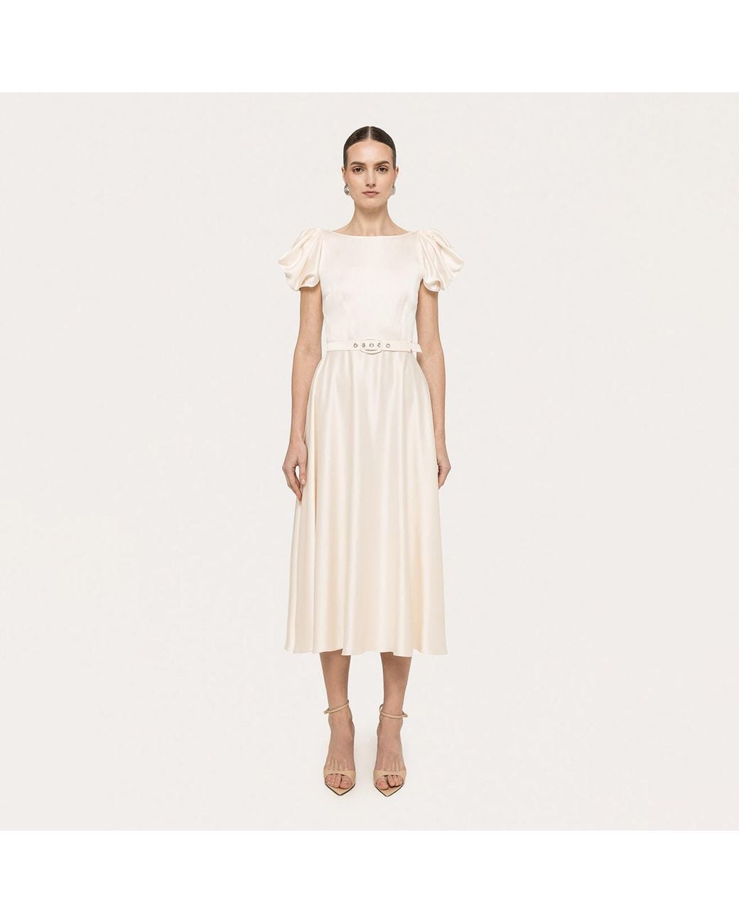 Nissa Natural Neutrals Belted Viscose Midi Dress Cream