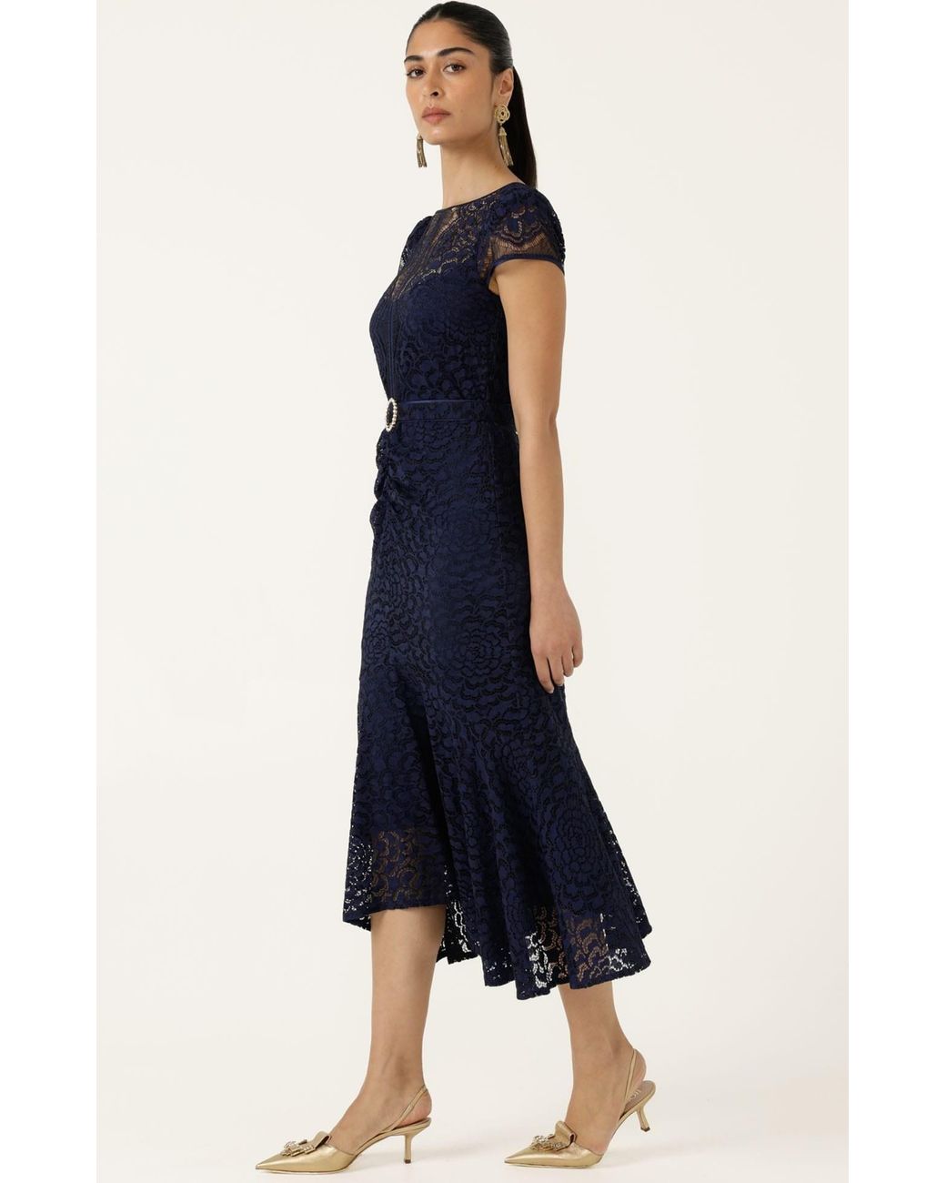 SACHA DRAKE Blue Affair Of Honour Scalloped Lace Midi Dress
