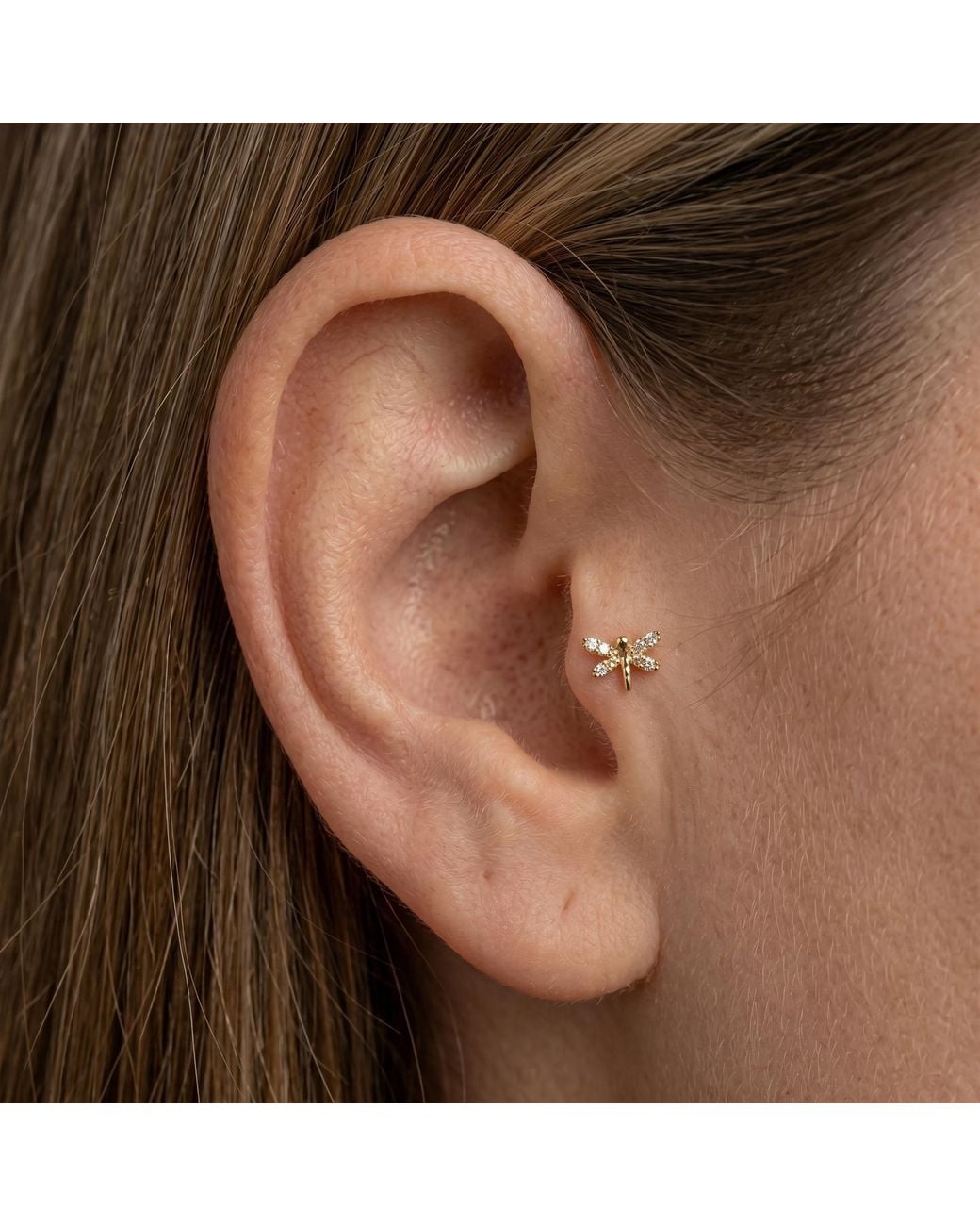 Zahav Jewelry Metallic 14K Solid 18G 8Mm Dragonfly Cz Internally Threaded Flat Back Stud