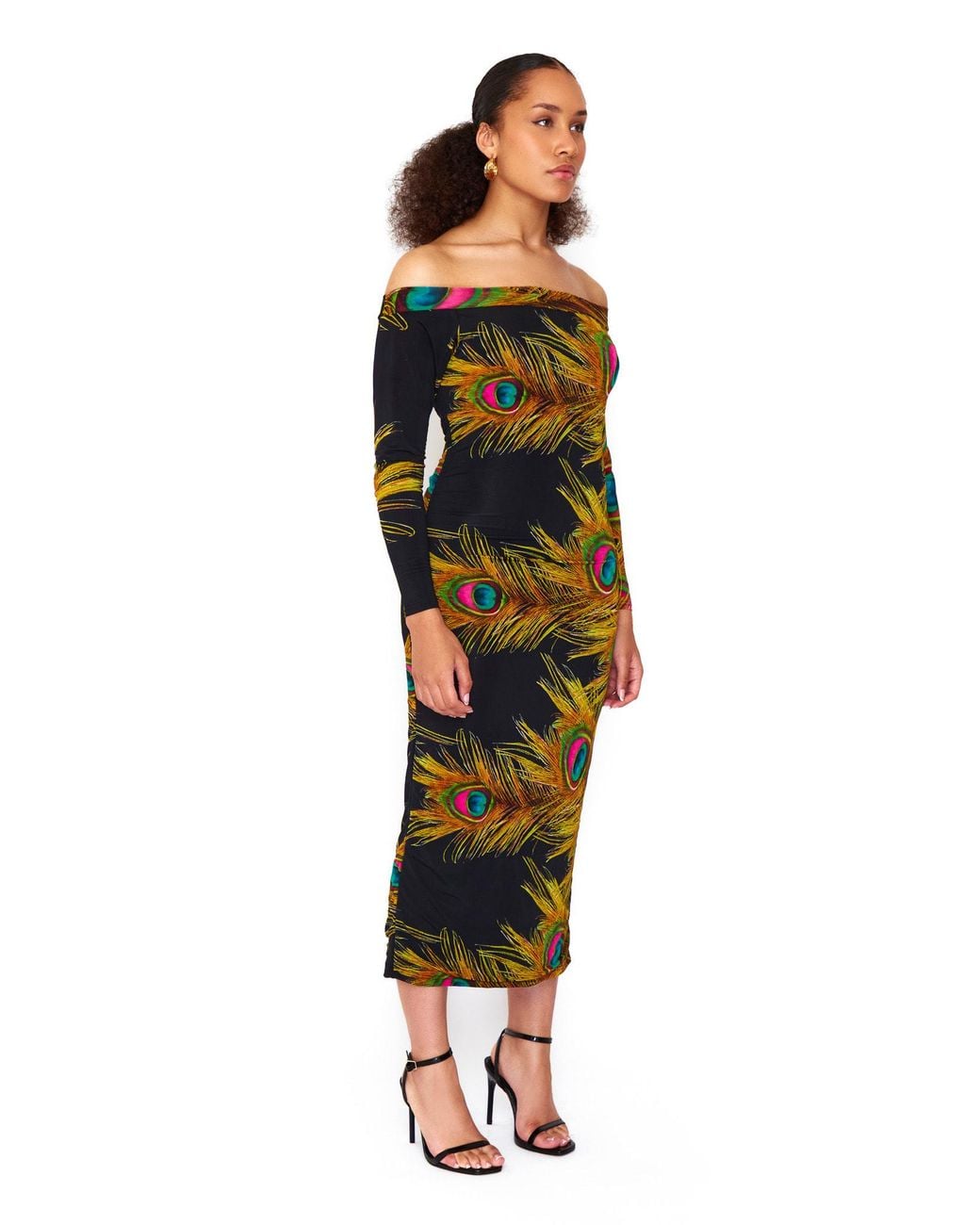 ROSIE BILLINGTON Black Peacock Off The Shoulder Midaxi Dress