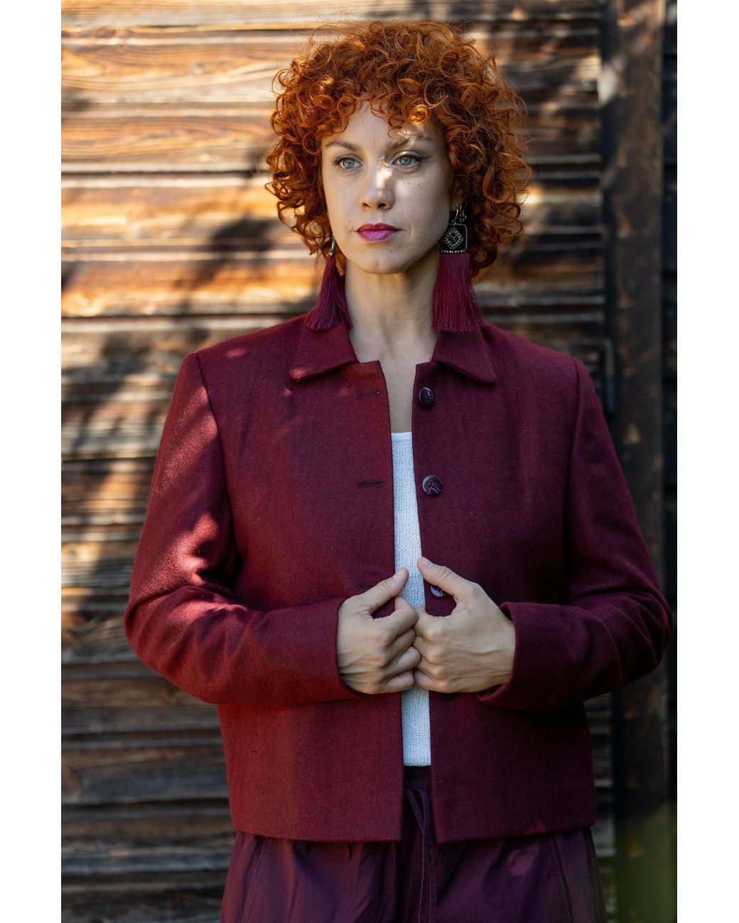 Stovaria Purple Smoked Burgundy Himalayan Yak Wool Cropped Statement Jacket