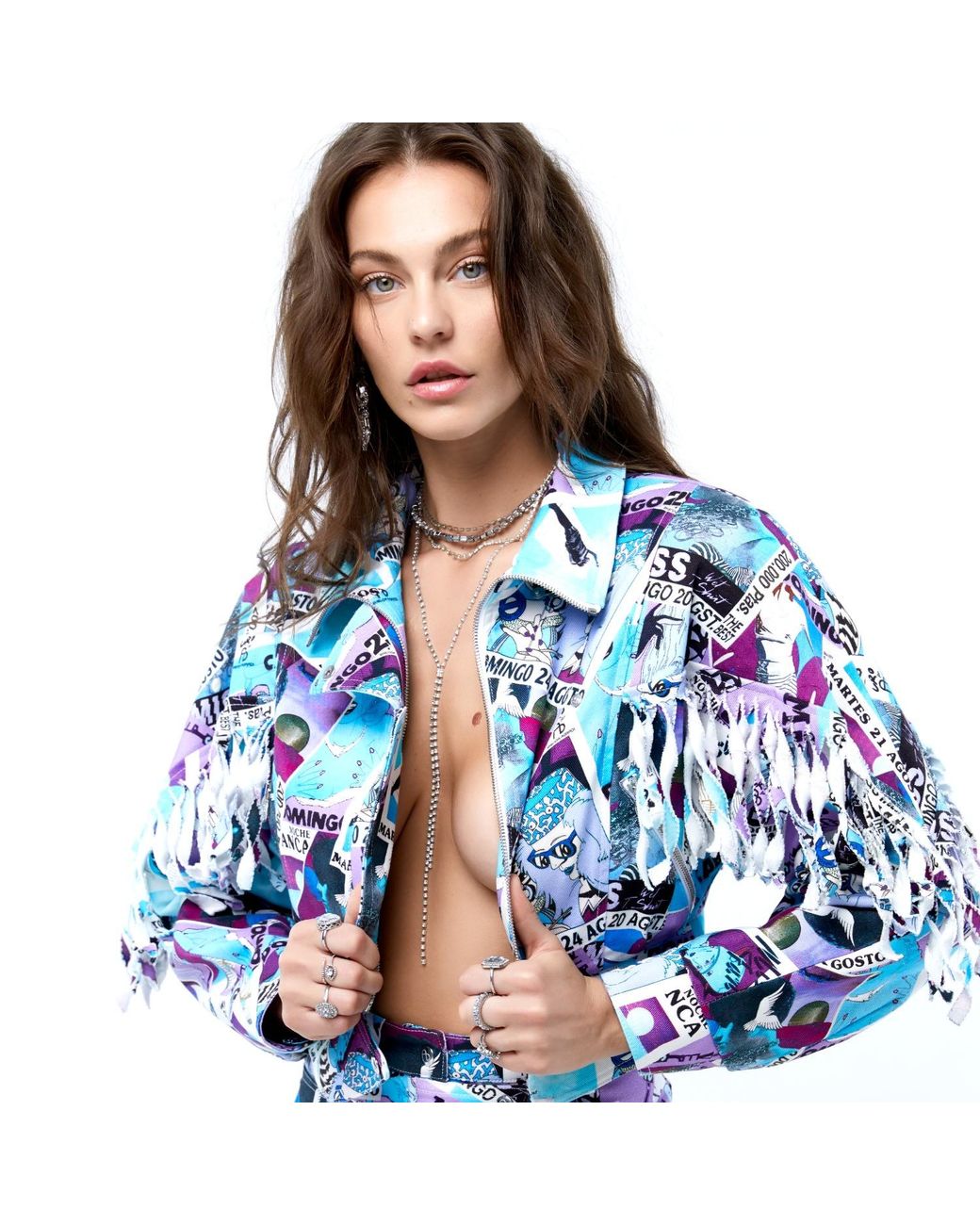 Brenda Agradi Blue Ibiza Style Printed Fringed Bomber Jacket