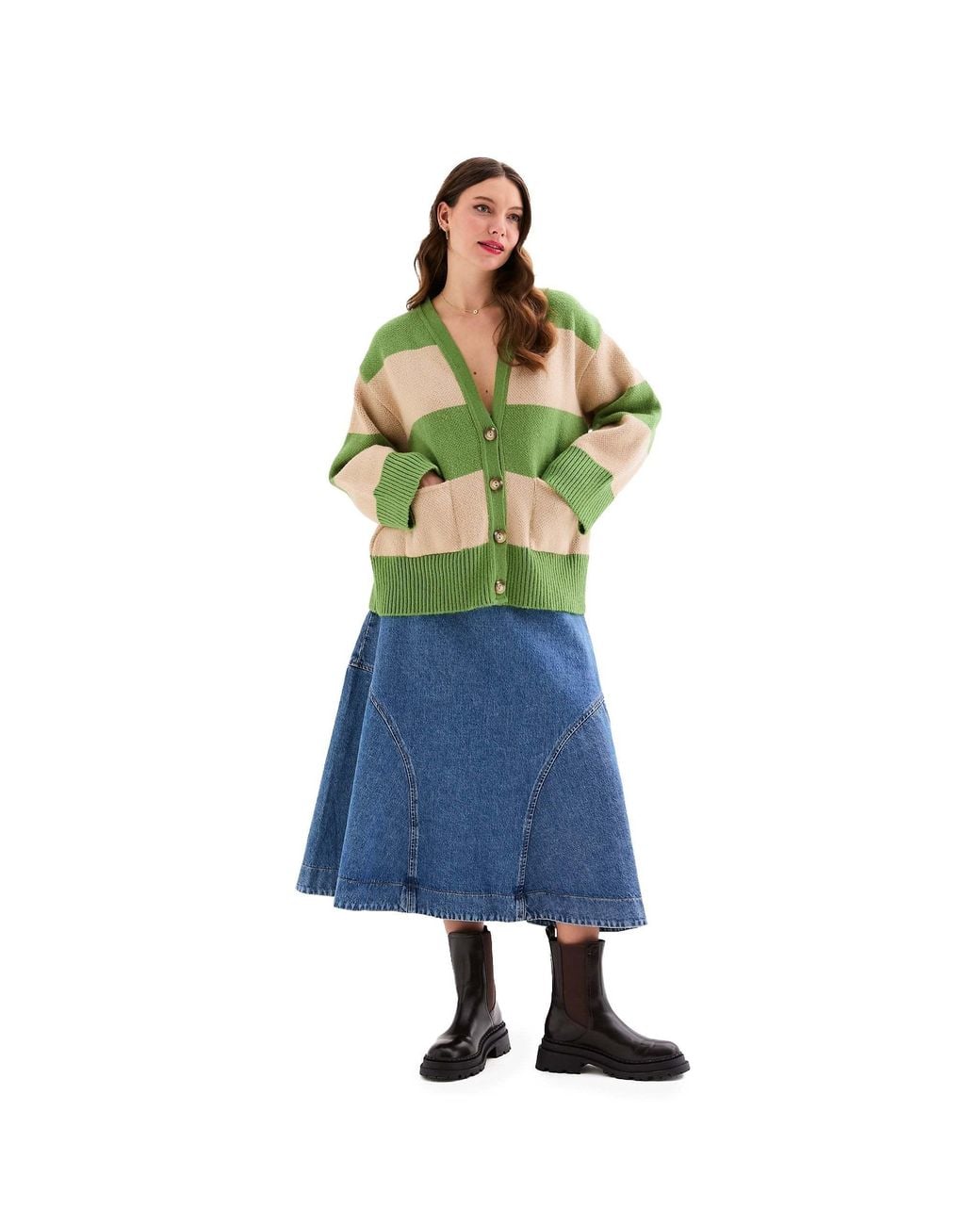 Cara & The Sky Green Candice Chunky Stripe V Neck Button Cardigan