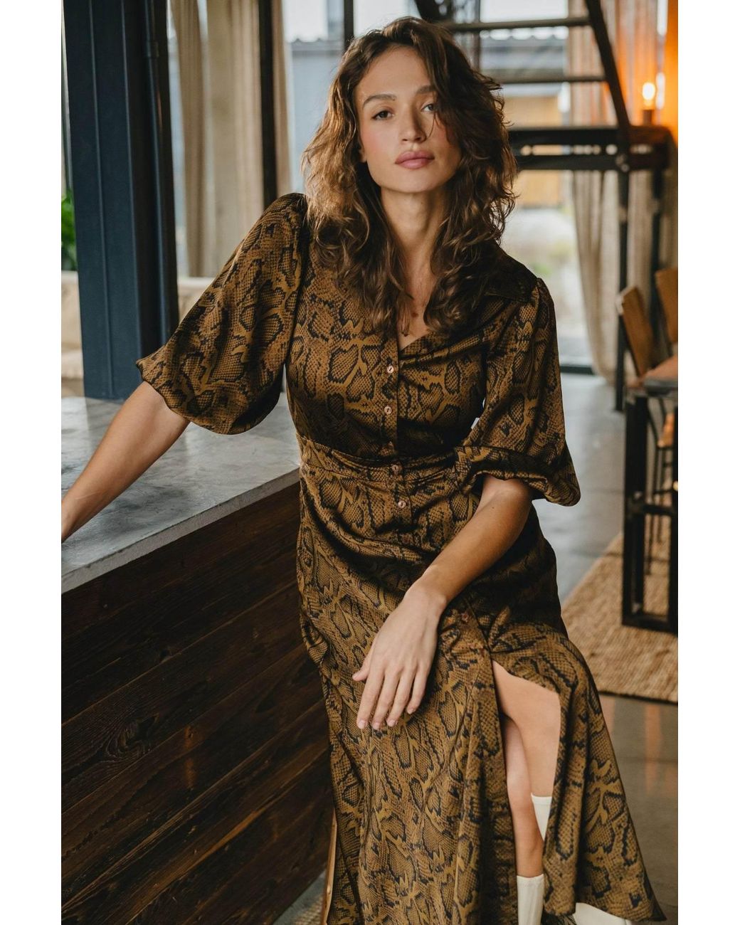Traffic People Brown The Reimagined And Snakeskin Print Frida Midi Dress