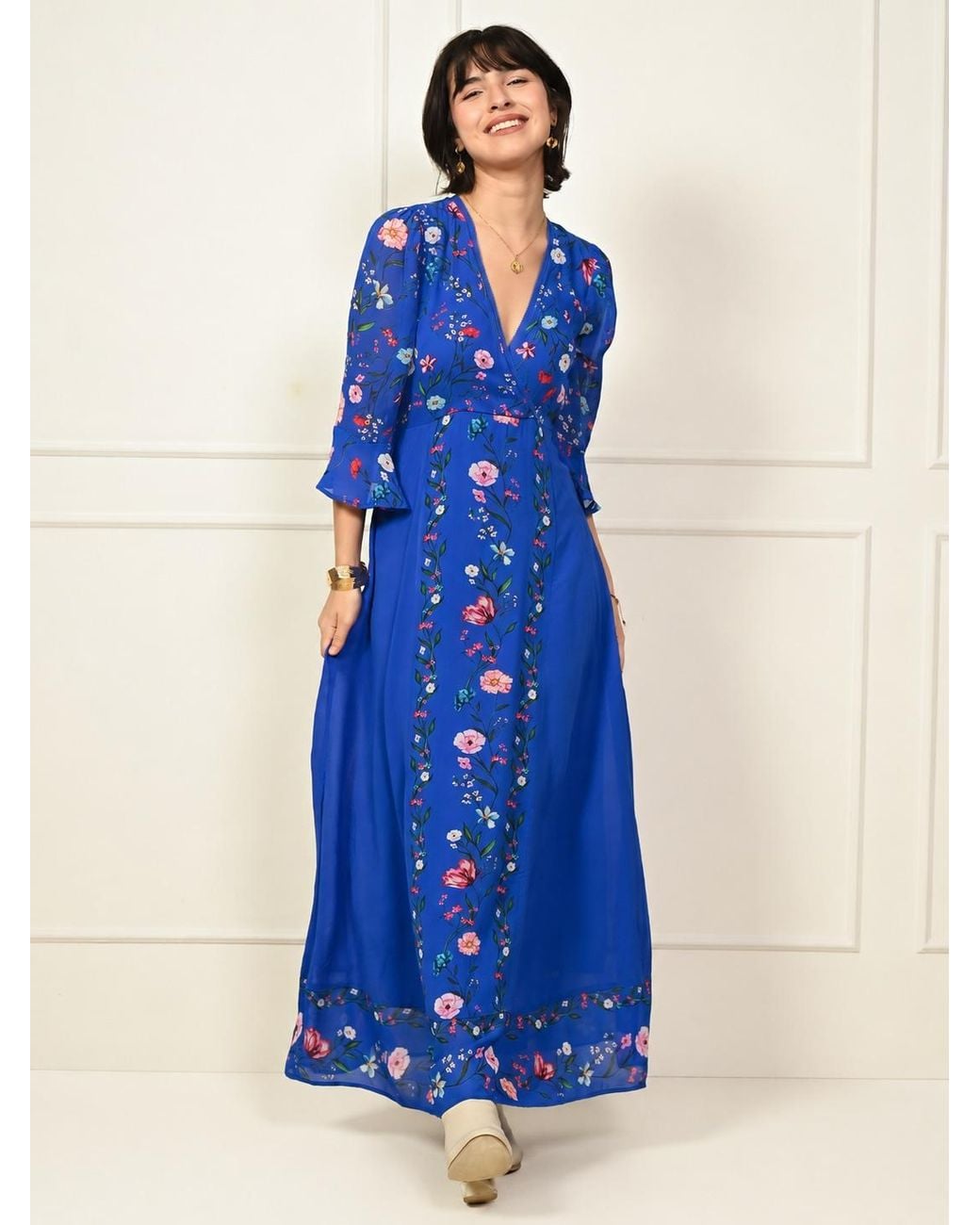 Rose & Nancy Blue Tory Botanical Floral Border Print Maxi Dress