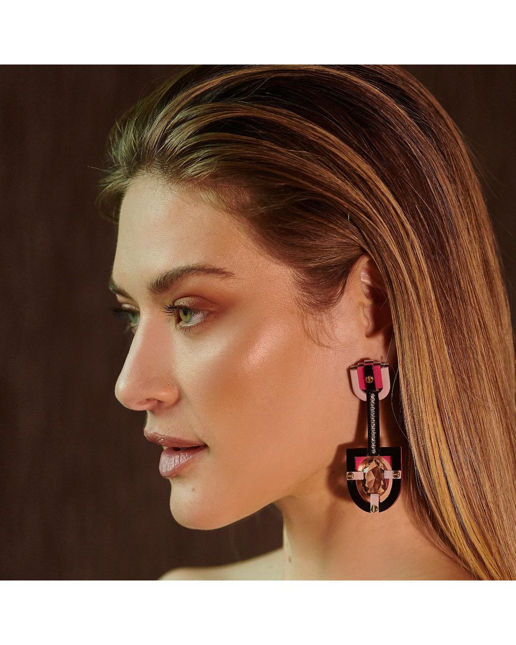 Gissa Bicalho Red Handmade Acrylic Earring Long Oval Cut Stone