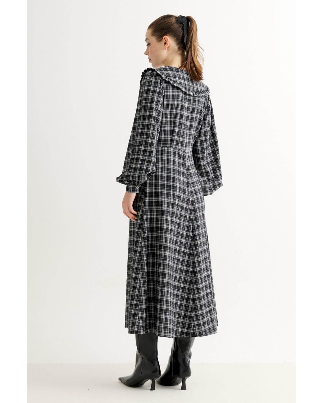Louche Black Alva Shadow Check Long Sleeve Midi Dress
