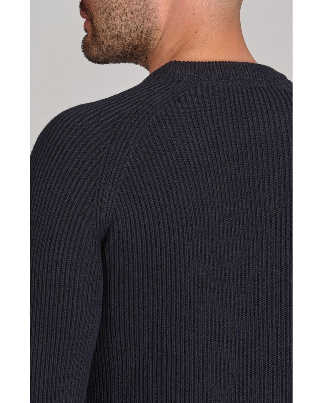 Paul James Knitwear Blue Midweight Cotton Logan Ribbed Crew Neck Jumper for men