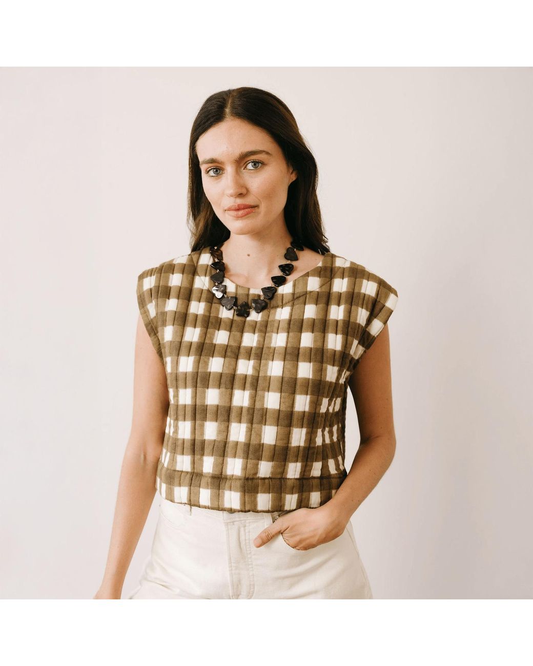 SUNSHINE TIENDA Green Painted Gingham Quilted Greta Top