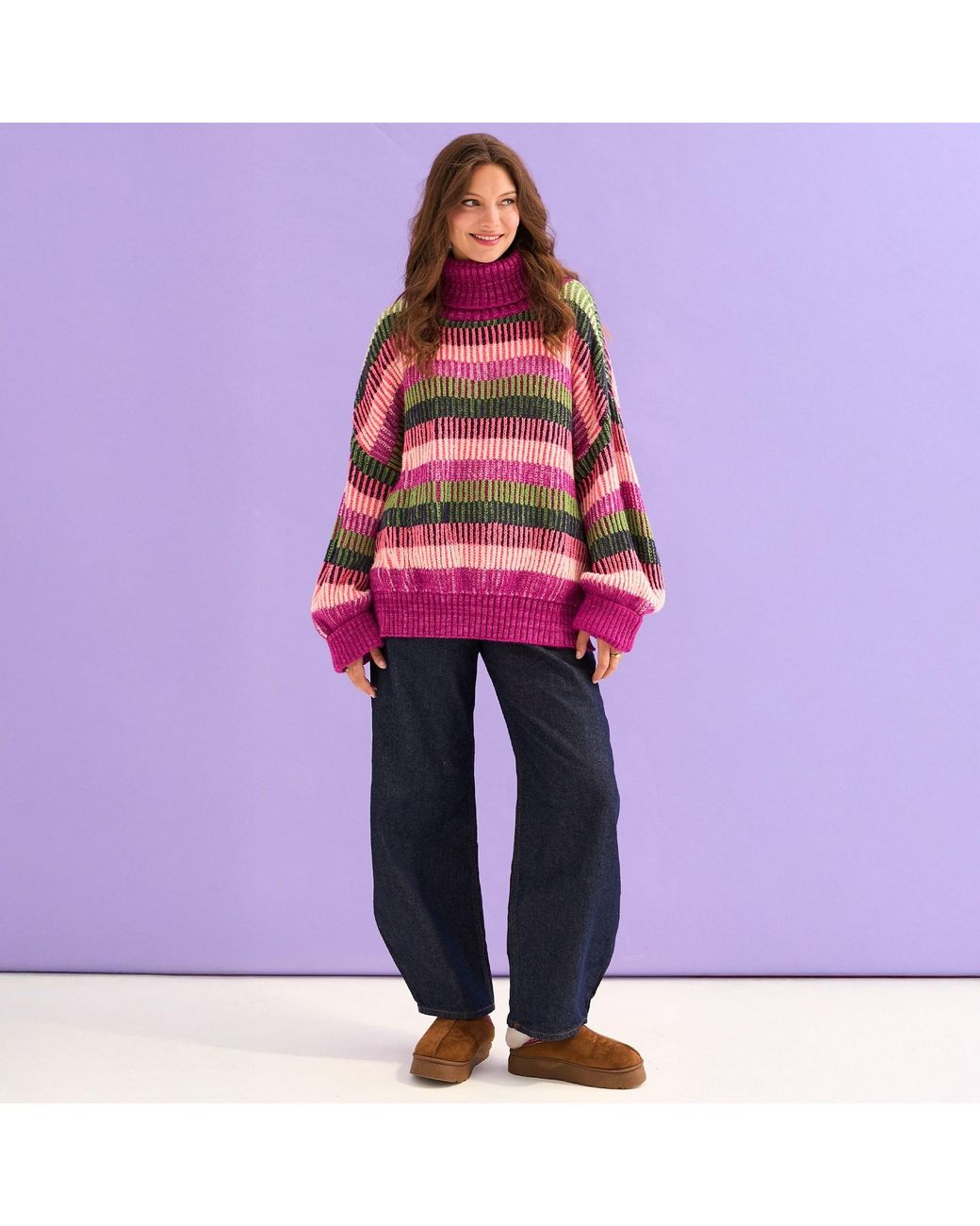 Cara & The Sky Purple Tasha Oversized Balloon Sleeve Stripe Roll Neck Jumper