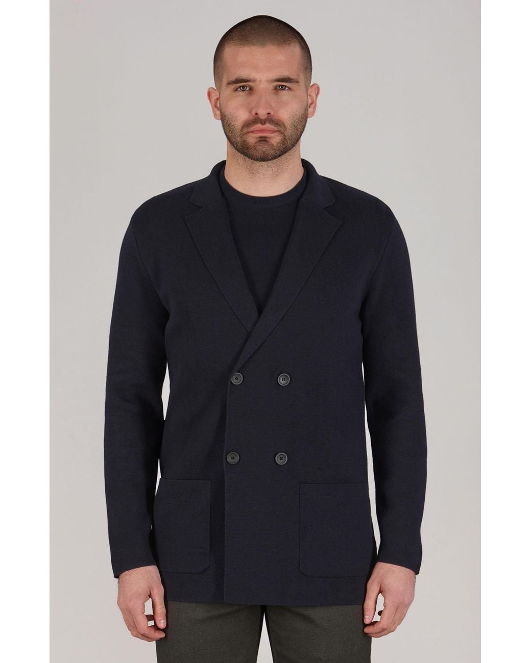 Paul James Knitwear Blue Lightweight Cotton Bruno Double Breasted Knitted Blazer for men