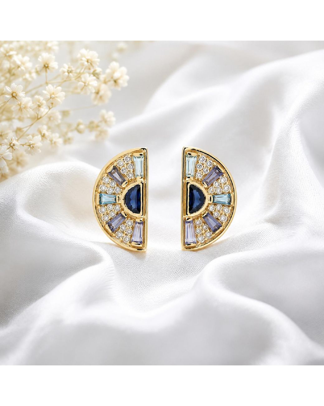 Artisan Metallic 18k Yellow Gold Pave Diamond Baguette Sapphire Aquamarine Topaz Stud Earrings Jewelry