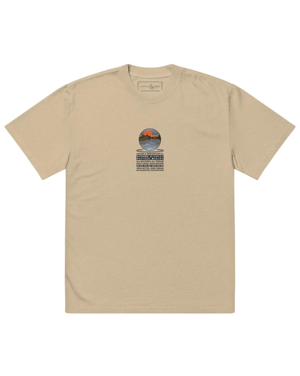 Anchor and Crew Natural Faded Khaki Panoramic Peaks Explore Co. Oversized Cotton T-Shirt