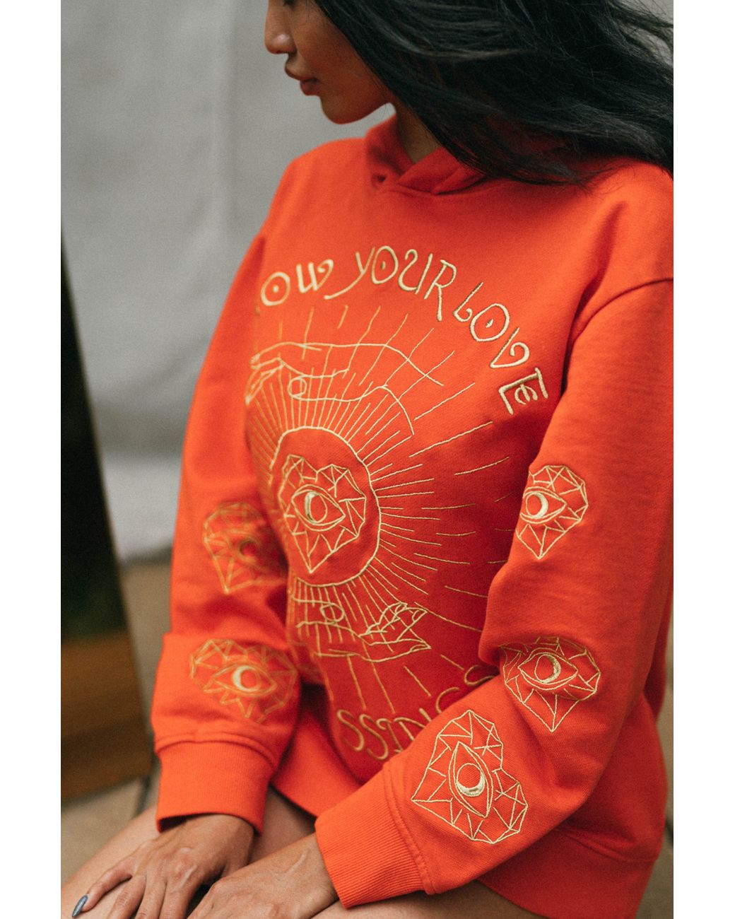 Miracles Manifester Orange Show Your Love Affirmation Embroidered Hoodie
