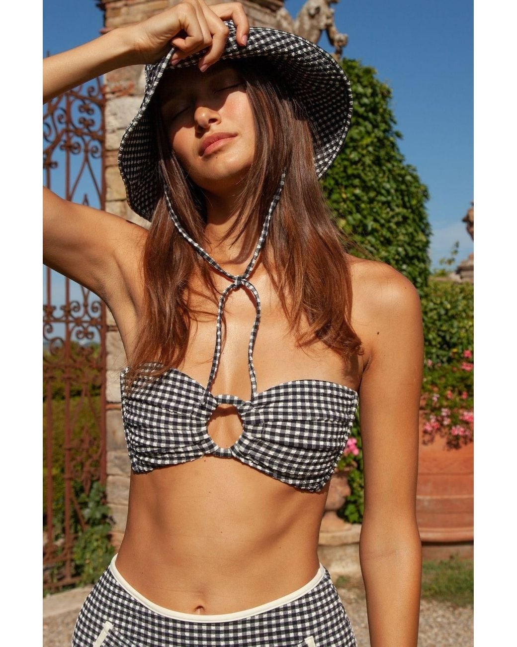Montce Black Micro Gingham Tori Ties Bandeau Bikini Top