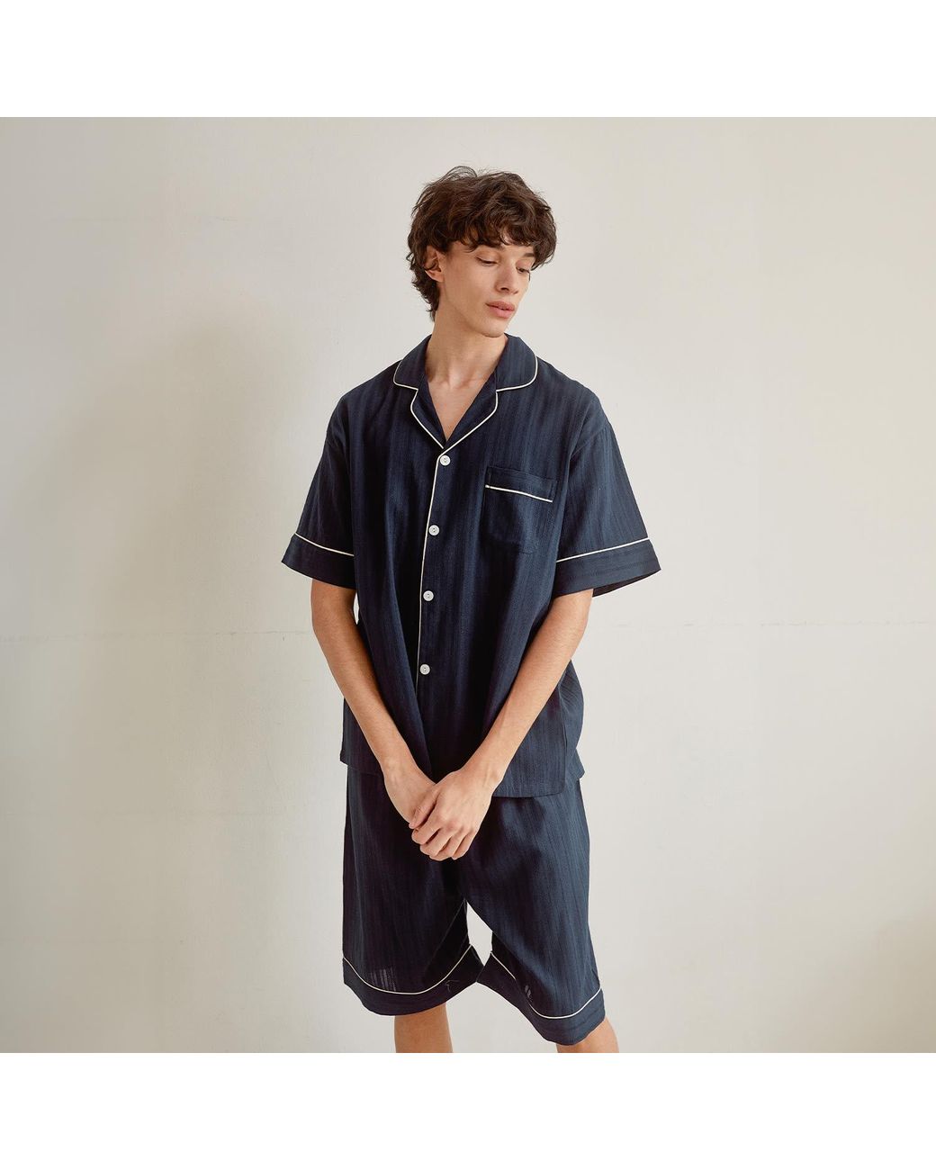 Luna Luz Blue Le Blanc Textured Cotton Short-Sleeve Pajama Set – for men