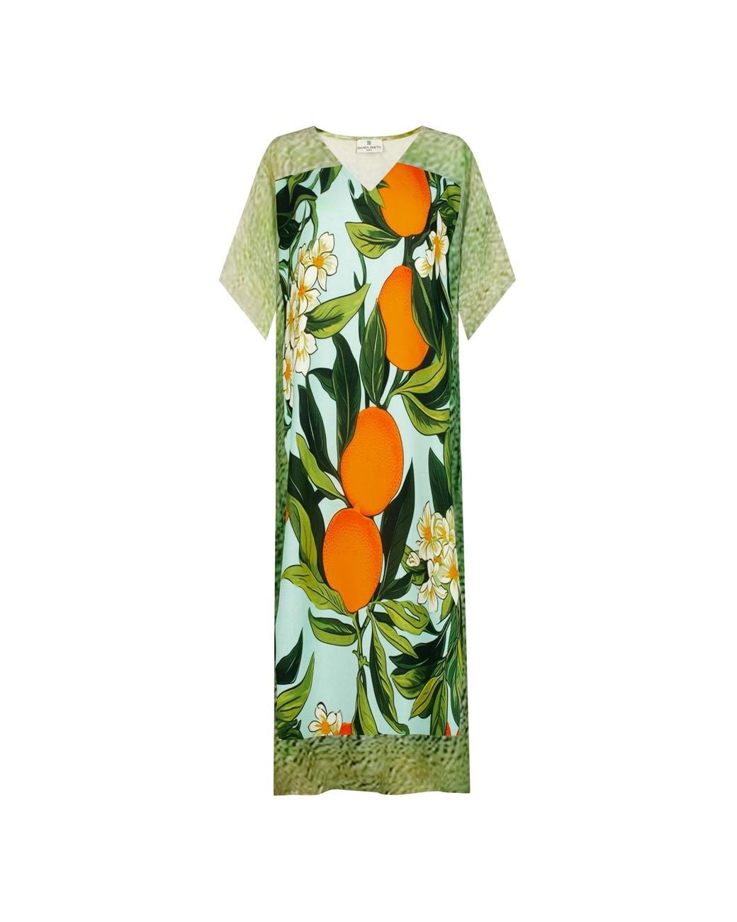 DHARA SHETH DUBAI Green Fleur & Fruit Vintage Long Kaftan Dress With Side Slits