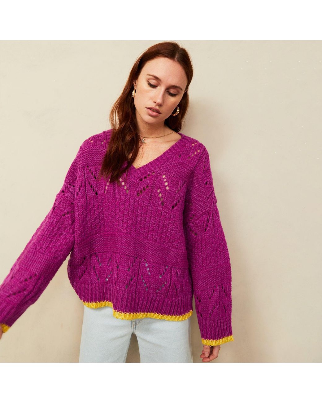 Cara & The Sky Purple Zoe Pointelle V Neck Wide Sleeve Jumper