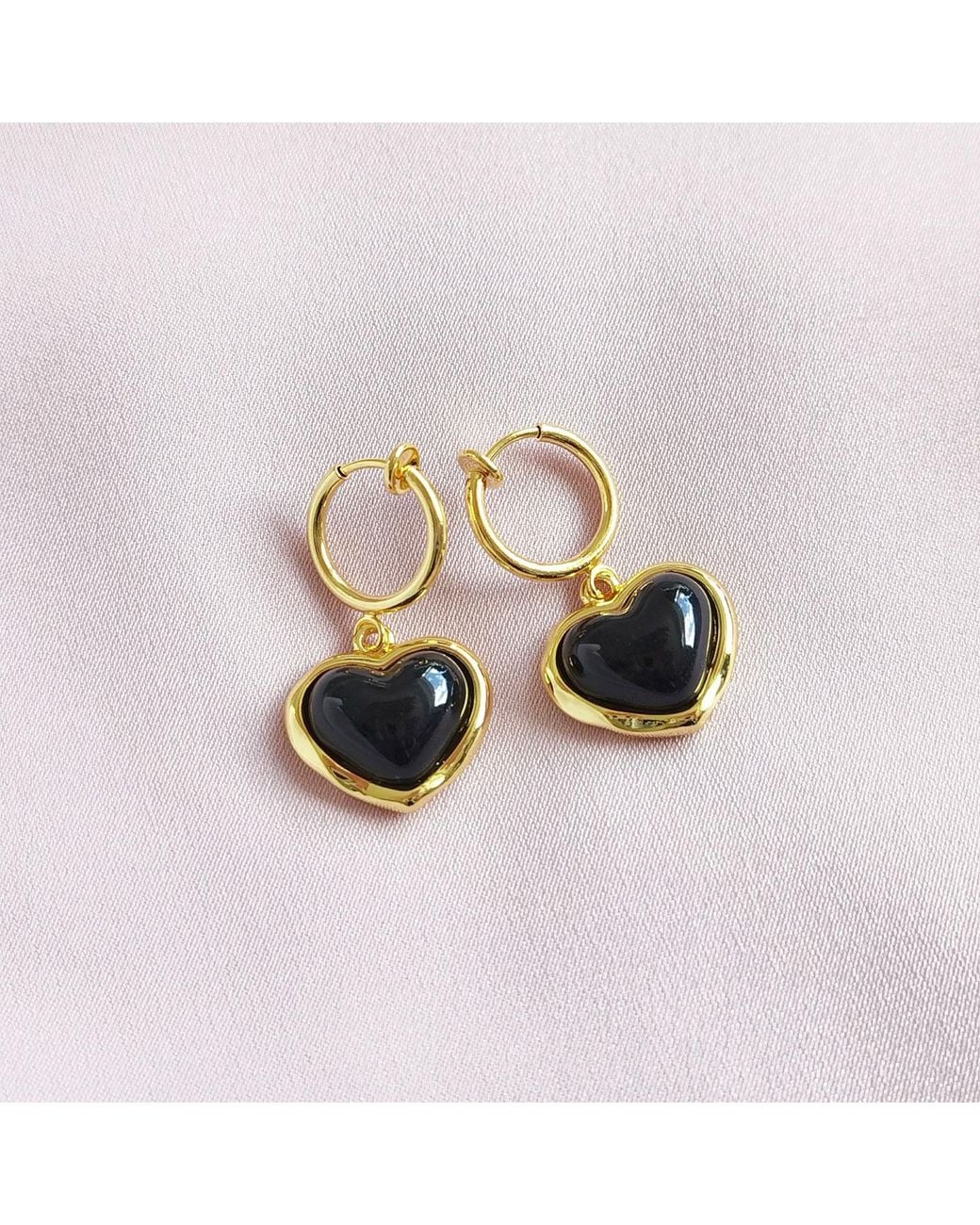 POPORCELAIN Black Porcelain Heart Clip-On Hoop Earrings