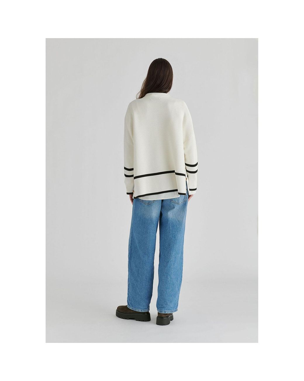 Paisie White Striped Details Ribbed Jumper With Side Buttons