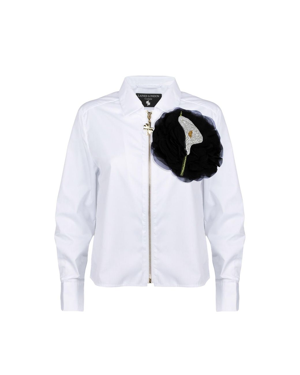 House of Laines London White Laines Couture Zip Shirt With Lilly Flower Brooch