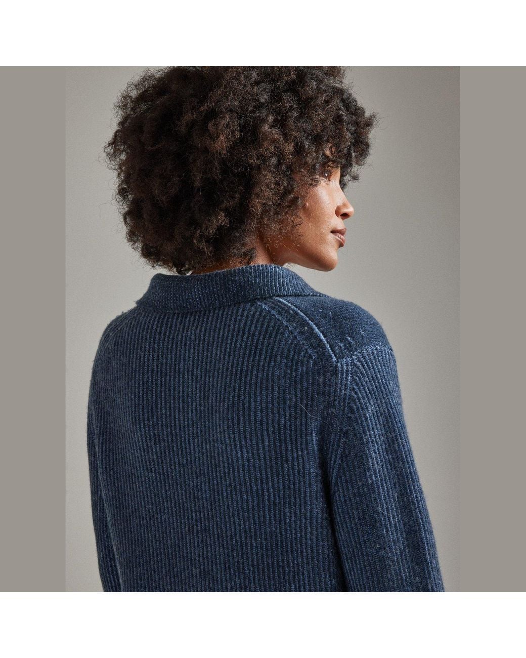 Salts Cashmere Blue Polo Sweater With Fishermens Rib Detailing