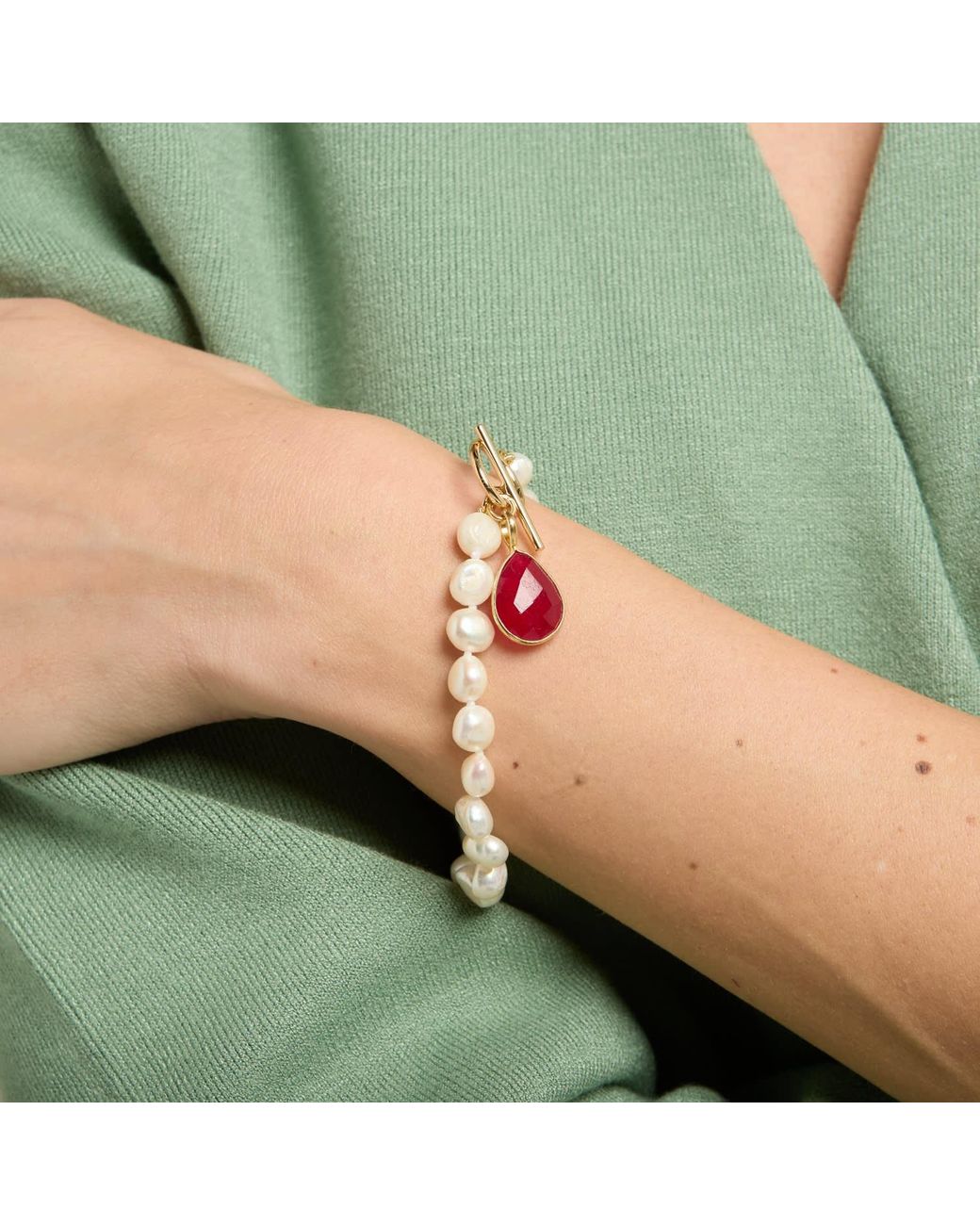 Pearls of the Orient Online White Clara Cultured Freshwater Pearl Bracelet With A Ruby Quartz Drop Pendant