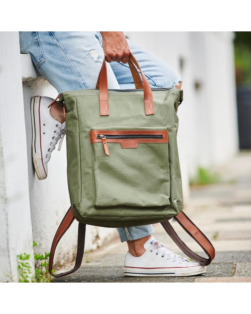 VIDA VIDA Green Leather Trim Top Zip Backpack