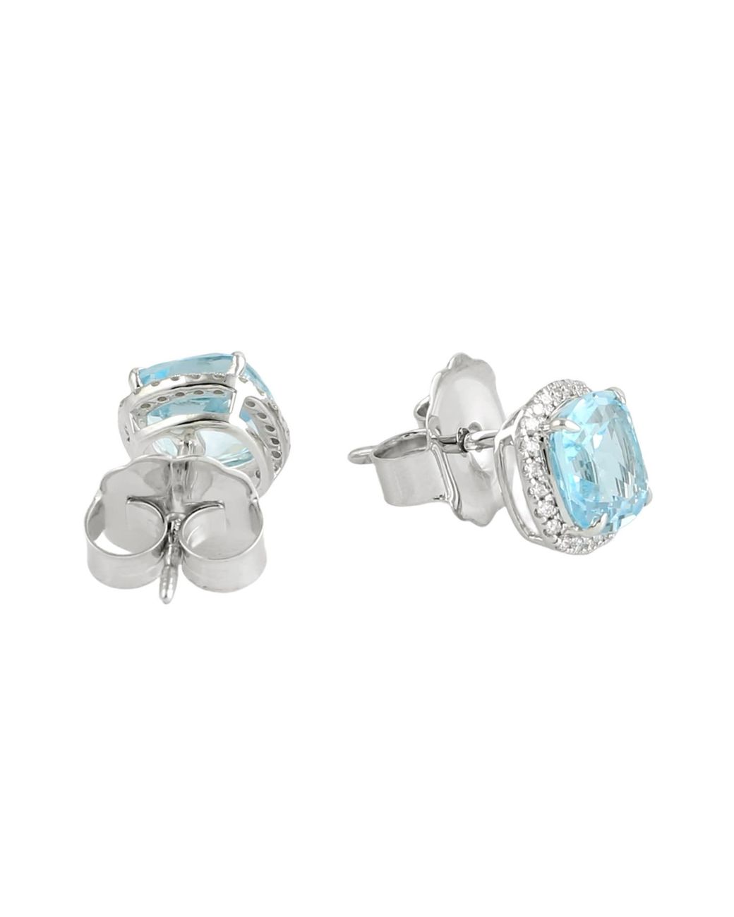 Artisan Blue 14K Cushion Cut Swiss Topaz & Diamond Halo Stud Earrings