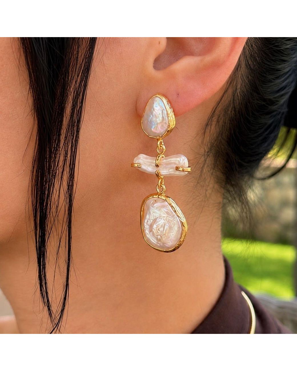 By Ozge Metallic Cleopatra Baroque Pearl Plated Statement Drop Earrings