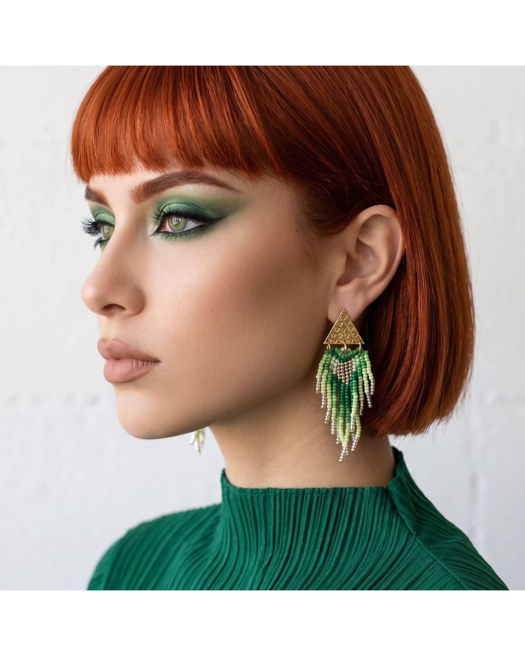 Iliana Arrazola Green Triangle Fringe, Dangle Earrings, Glass Beads, Beaded Jewelry