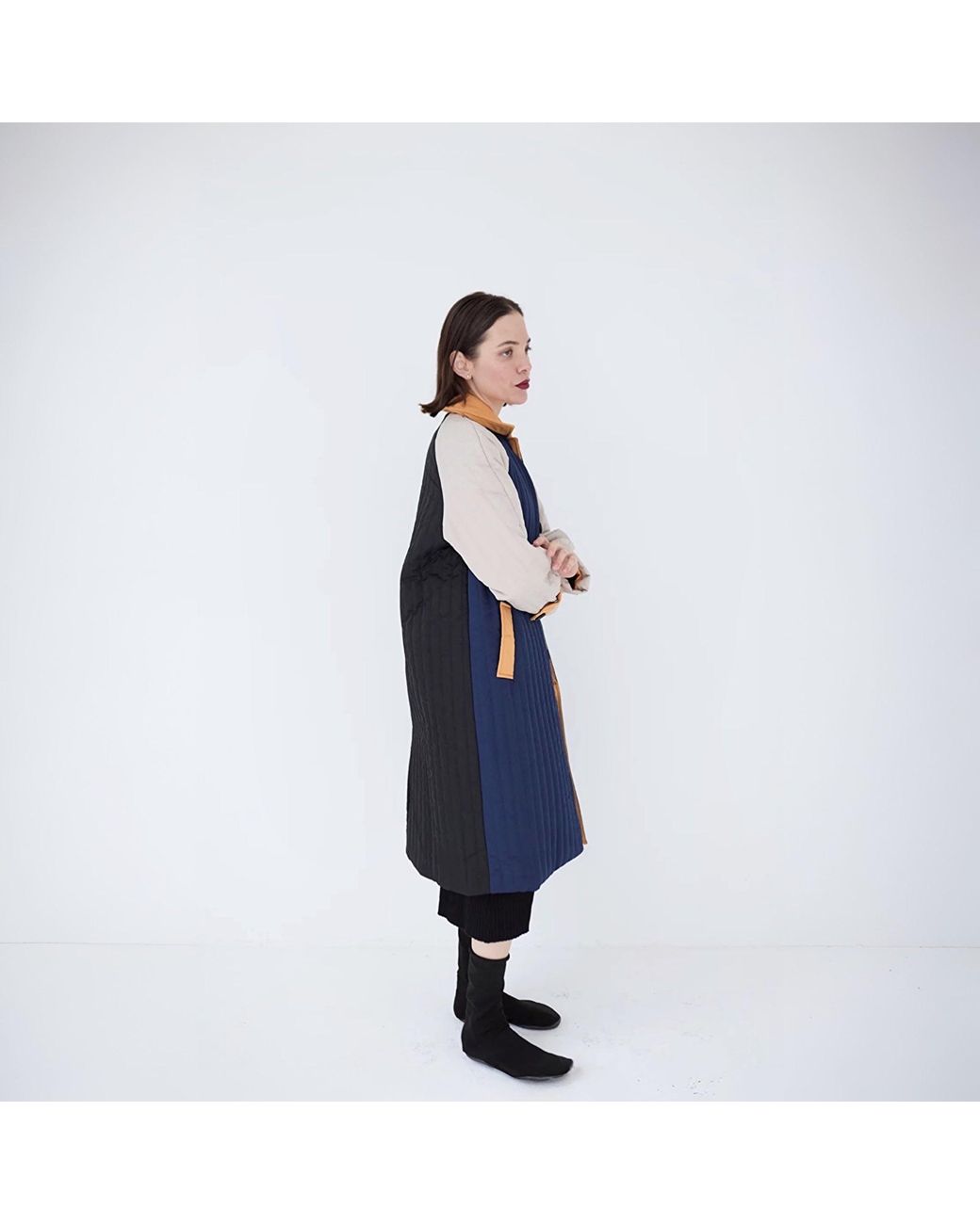 London Atelier Byproduct Blue Neutrals Patchwork Colour Block Quilt Long Jacket