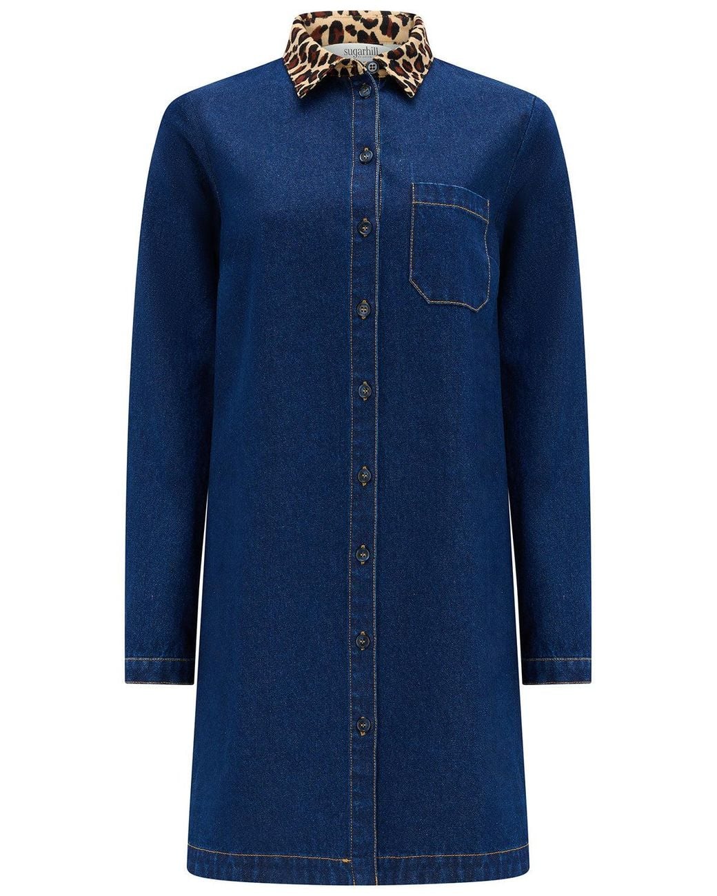 Sugarhill Blue Ilsa Short Denim Shirt Dress Leopard