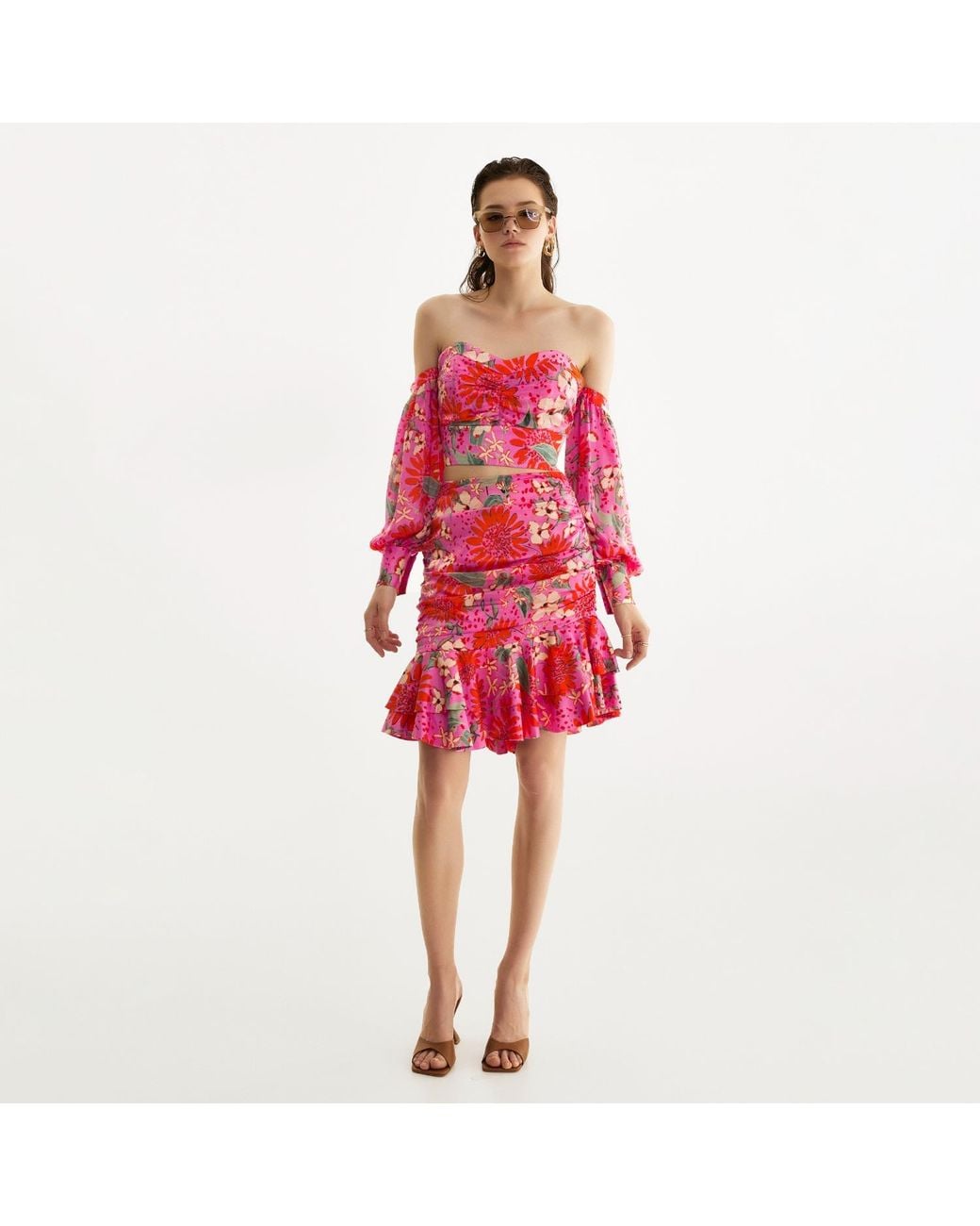 Lita Couture Red Summer Bouquet Mini Ruffle Skirt
